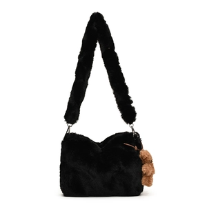 Sac à bandoulière chic en peluche noire pour femme avec pendentif ourson marron mignon