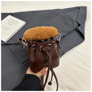 Mini dark brown PU leather bucket bag with plush handle and silver metal eyelets