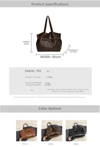 Specifiche dettagliate sulle dimensioni per grande borsa tote in PU marrone e nero