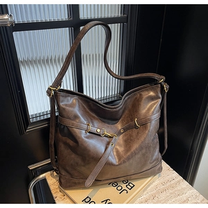 Deep brown vintage PU leather tote bag with gold metal buckle and large capacity