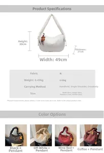 Size chart showing dimensions 49x30x21cm and features of this quilted fabric shoulder bag