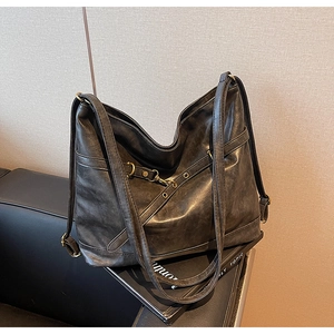 Chic vintage dark grey PU leather tote bag for women with bronze metal buckles