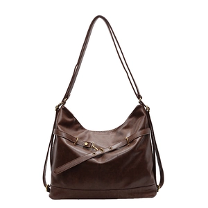 Vintage dark brown PU leather shoulder bag with glossy finish and antique bronze hardware