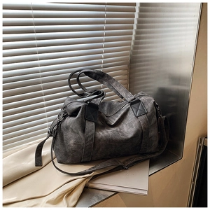 Sac Boston rétro en cuir PU gris avec doubles poignées et bandoulière réglable