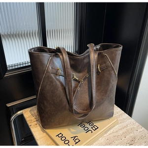 Classic dark brown PU leather tote bag with gold ring accents and large capacity