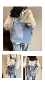 Macro detail of a light blue canvas tote bag with adjustable straps and multiple pockets