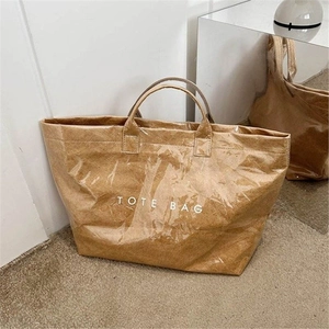 Minimalist large-capacity brown DuPont paper tote bag with waterproof clear PVC cover