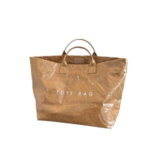 Brown Dupont paper tote bag with clear PVC overlay and Tote Bag print on white background