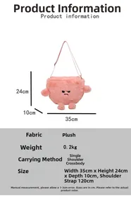 Borsa a tracolla in peluche rosa 35x24x10cm con viso cartoon e tracolla da 120cm