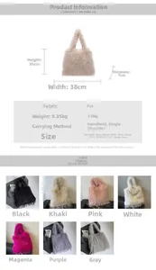 Detailed view of plush fuzzy shoulder bag with dimensions and multi-color options shown