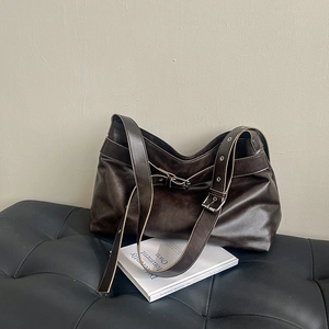Vintage dark brown PU leather shoulder bag with adjustable metal eyelet strap