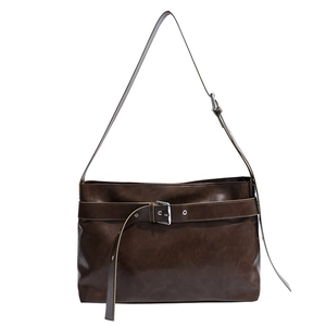 Classic dark brown PU leather shoulder bag with vintage buckle and adjustable strap for women