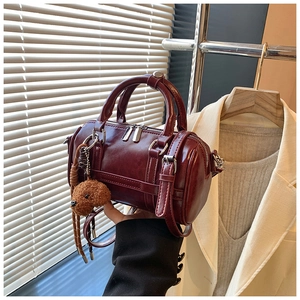 Chic dark red PU leather boston bag with detachable strap and cute bear charm