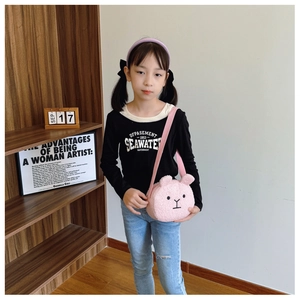 Pink plush lamb wool crossbody bag for kids featuring a cute animal face and strap