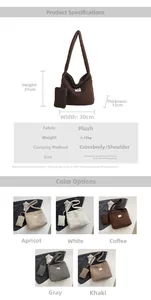 Detailed size chart for large plush bucket bag showing 30cm width and 31cm height