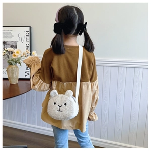 Cute white plush bear-shaped crossbody bag shown on a child model in a lifestyle setting