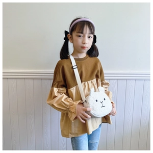 Detail of cute white plush lamb crossbody bag for kids featuring animal embroidery
