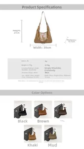 Detailed size chart for the PU hobo bag showing dimensions and all available colors