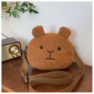 Cute brown teddy fleece crossbody bag with bear embroidery and adjustable shoulder strap