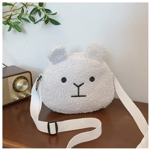 Fashionable autumn plush crossbody bag with bear embroidery and white strap