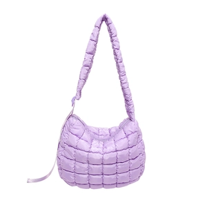 Chic purple quilted puffer shoulder bag with cotton filling and square stitching design