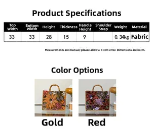 Bamboo handle tote bag size guide with 33cm width and floral embroidery details