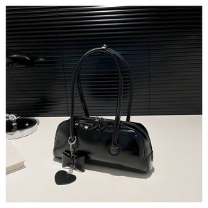 Women Glossy PU Leather Shoulder Bag Retro Y2K Bow Heart Pendant Underarm Bag Solid Color Commuter Handbag Zipper Closure