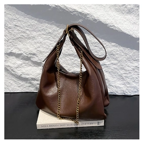 Chic brown PU leather hobo bag with adjustable strap and decorative gold chain for women