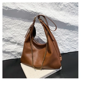 Fashionable dark brown PU leather hobo bag with gold chain and adjustable strap