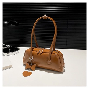 Minimalist caramel PU leather handbag with heart charm and long handles for women