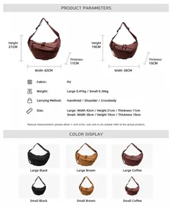 Detailed size chart and multi-color specifications for PU leather crossbody crescent bag