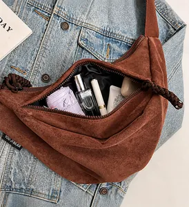 Detail view of dark brown PU crossbody bag showing large capacity for umbrella and cosmetics