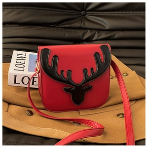 Borsa a tracolla alla moda in pelle PU rossa con motivo a testa di cervo e design a patta