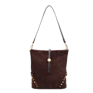 Elegante borsa a spalla in pelle scamosciata marrone con fibbia circolare oro