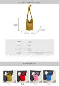 Tableau des tailles détaillé et spécifications pour le sac seau en peluche douce en couleurs