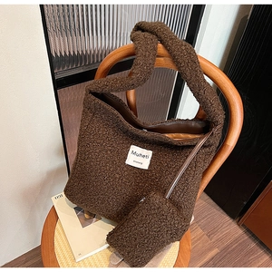 Fashion Plush Faux Shearling Large Capacity Shoulder Bag With Sub-bag Minimalist Winter Warm Solid Color Tote For Women