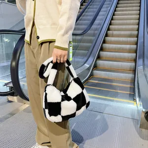 Women Vintage Checkerboard Plush Shoulder Bag Black White Grid Faux Fur Underarm Tote Bag Fashion Warm Winter Handbag Casual Soft