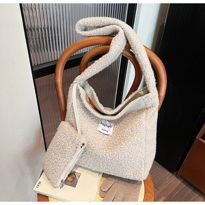 Fleece tote bag with matching pouch in cream white, minimalist large shoulder bag