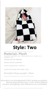 Detail showing plush black and white checkerboard tote bag dimensions and texture
