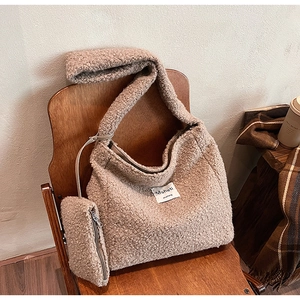 Beige plush fleece tote bag with large capacity and matching small hanging pouch