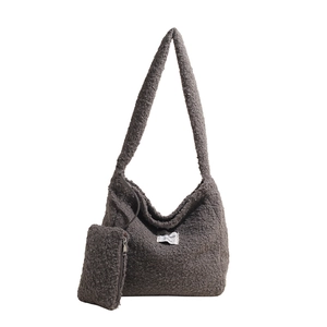 Grey faux shearling bucket bag set with matching coin purse for women's winter style