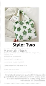 Detail of plush white shoulder bag with green flower pattern and soft faux fur texture