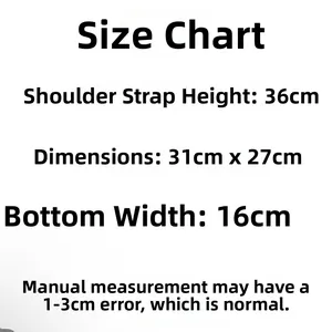 Size chart showing plush shoulder bag dimensions: 31cm length and 27cm height details