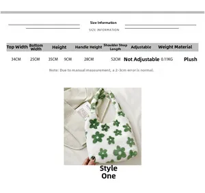 Tabella taglie per borsa tote in peluche a fiori con dimensioni e peso dettagliati