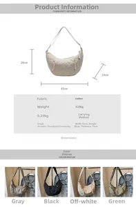 Size chart and dimensions for the nylon quilted dumpling bag with multi-color options