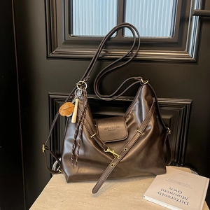 Vintage dark brown large capacity faux leather backpack and tote bag for women