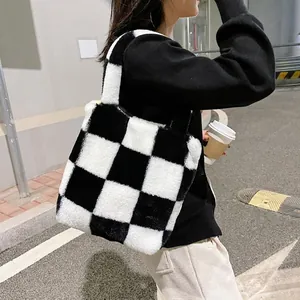 Women Checkerboard Plush Tote Bag Black White Grid Faux Fur Shoulder Bag Soft Handbag For Autumn Winter Casual Daily Travel