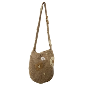 Chic brown plush shoulder bag for women with decorative 3D floral embroidery and minimalist design