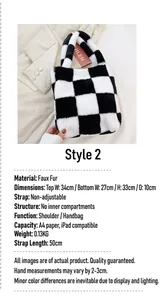 Minimalist black and white checkered plush handbag with dimensions and structural details