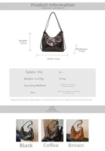 Detailed technical diagram of PU leather backpack showing dimensions 34x31x11cm and features